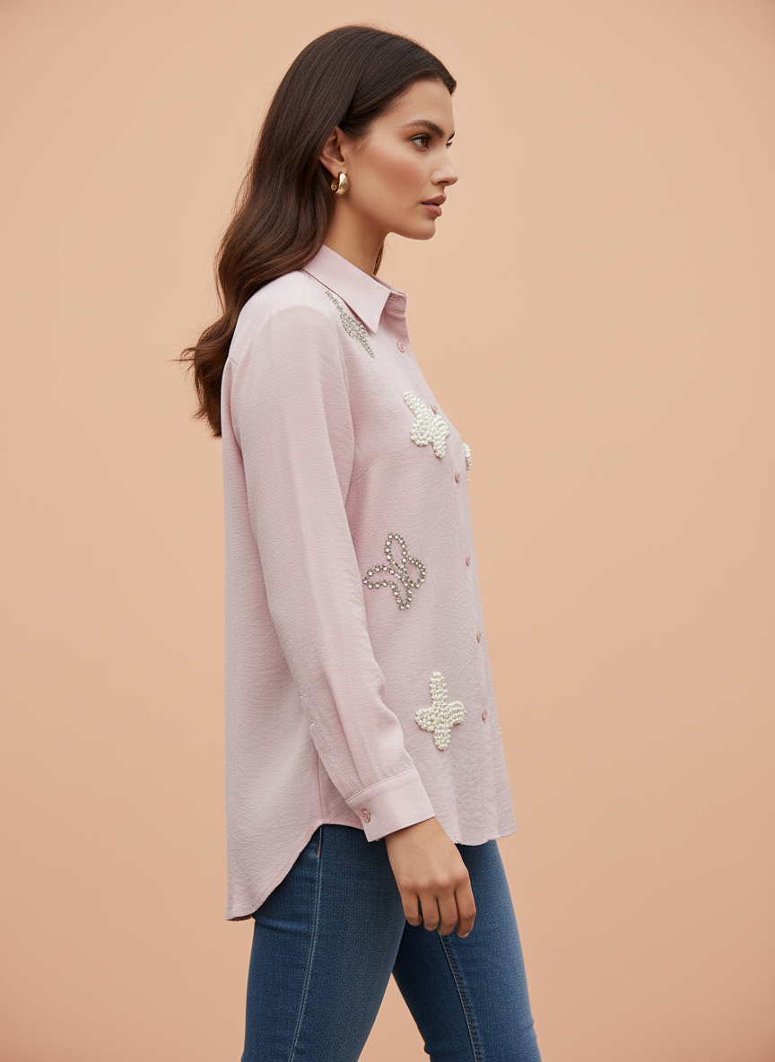 Blush Pink Pearl Embellished Designer Shirt
