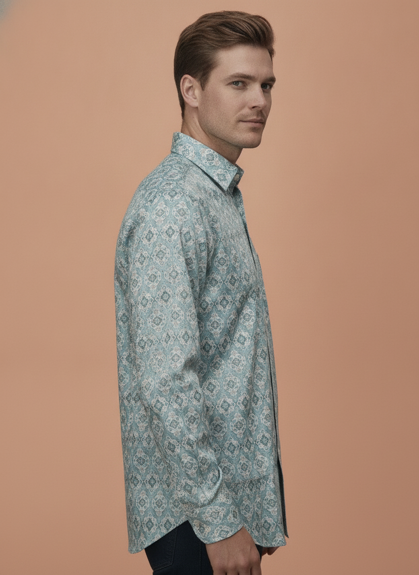 Men'S Poly Satin Lycra Blue Digital Printed Shirt