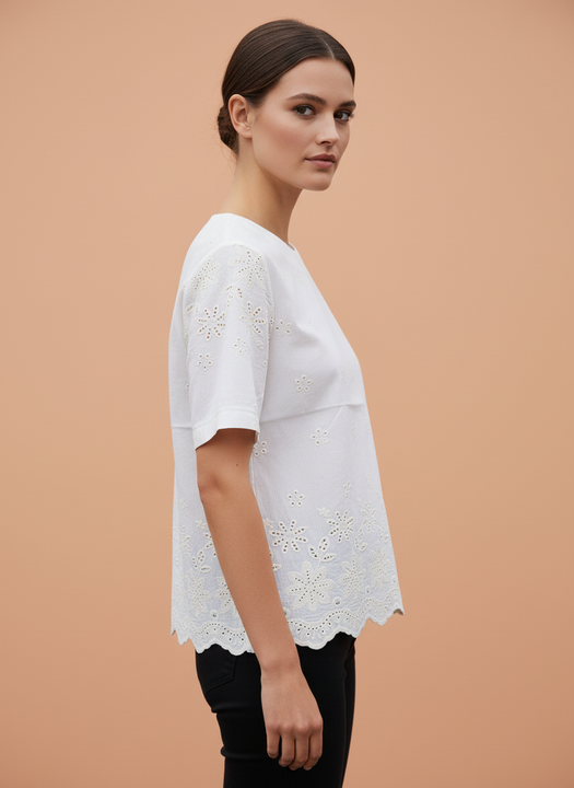 White Eyelet Embroidery Scalloped Hem Short Sleeve Top
