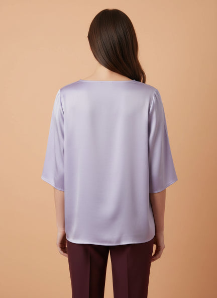 European Satin Solid Crew Neck Top