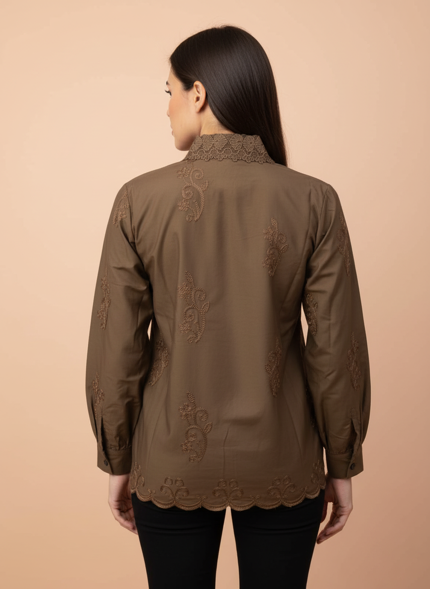 Elegant Brown Embroidered Women’s Shirt