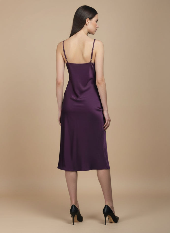 Women’s Luxury Satin Midi Dress Deep Plum Spaghetti Strap