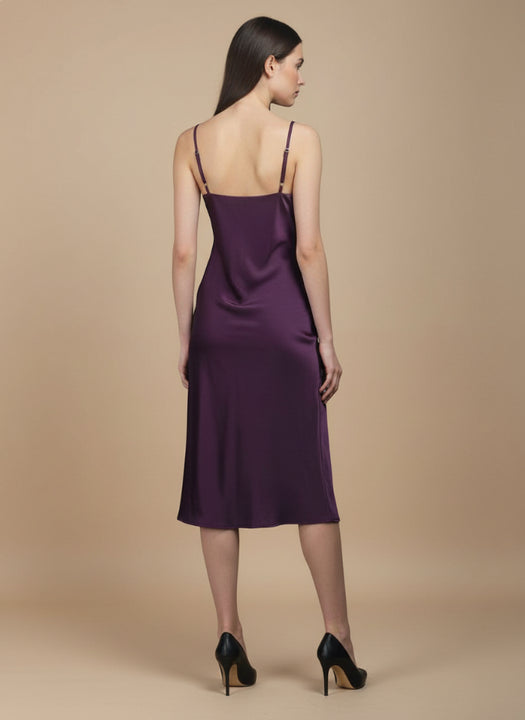 Women’s Luxury Satin Midi Dress Deep Plum Spaghetti Strap