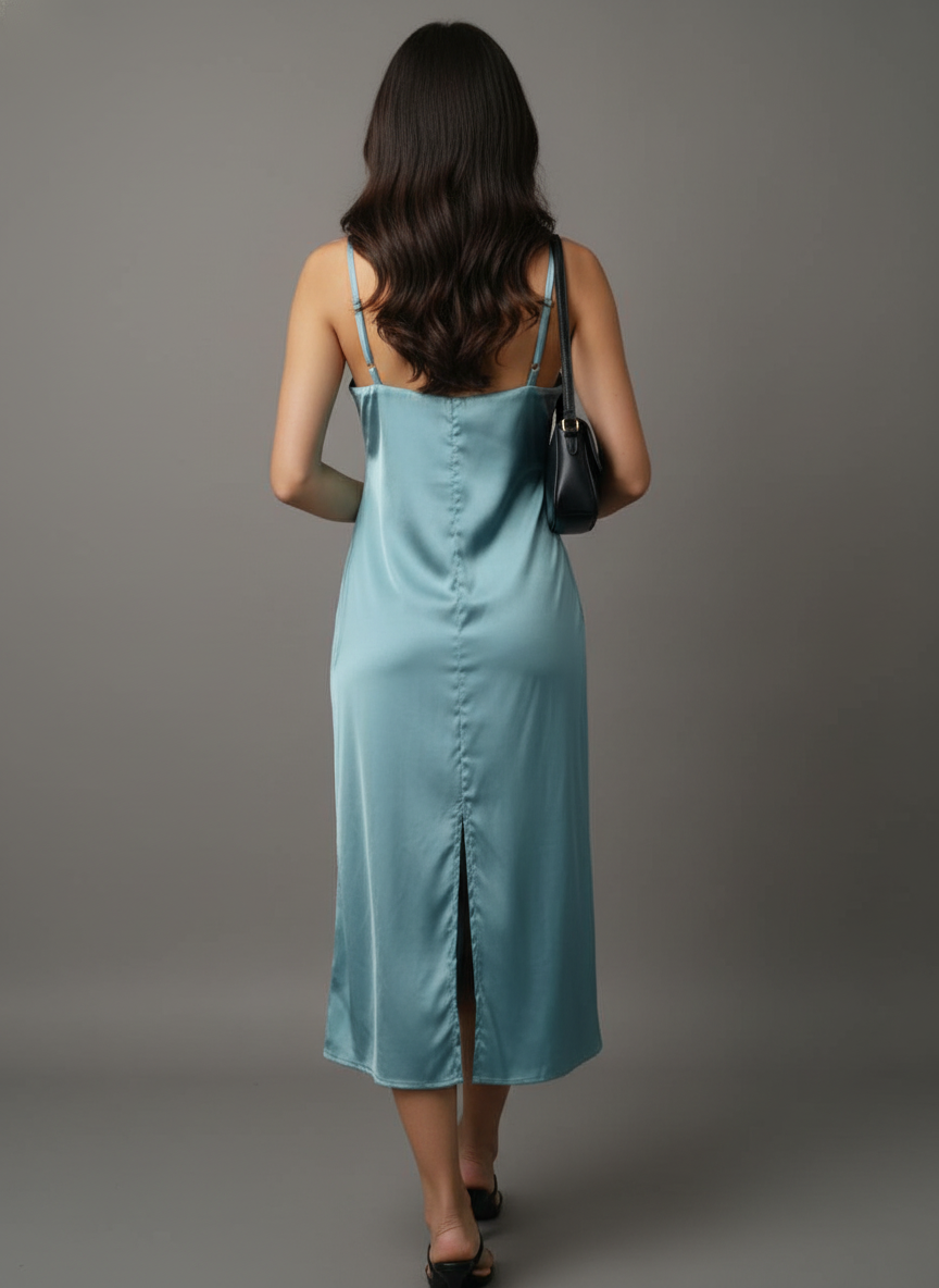 Women’s Luxury Satin Midi Dress Aqua Spaghetti Strap