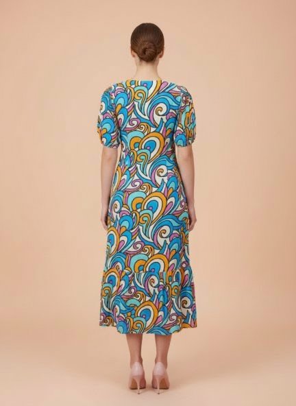 Rayon Printed Puff Sleeve A Line Front Button Maxi Dress