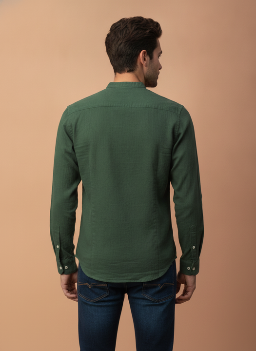 Amswan Premium Men'S Green Crinkle Cotton Shirt - Mandarin Collar, Long Sleeves