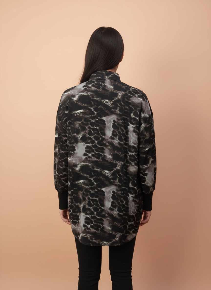 Women Black Grey Leopard Print Button Down Shirt