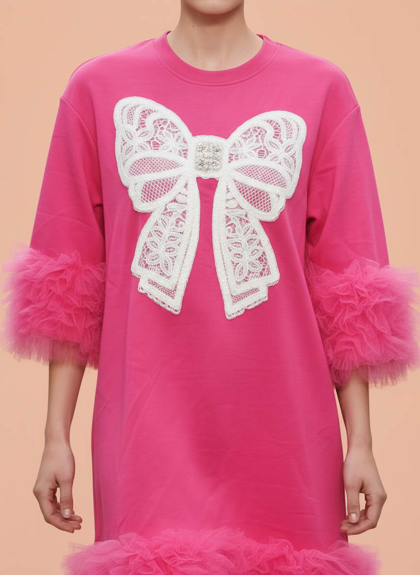 Fuchsia Pink Bow Applique Mini Dress with Tulle Ruffle Details