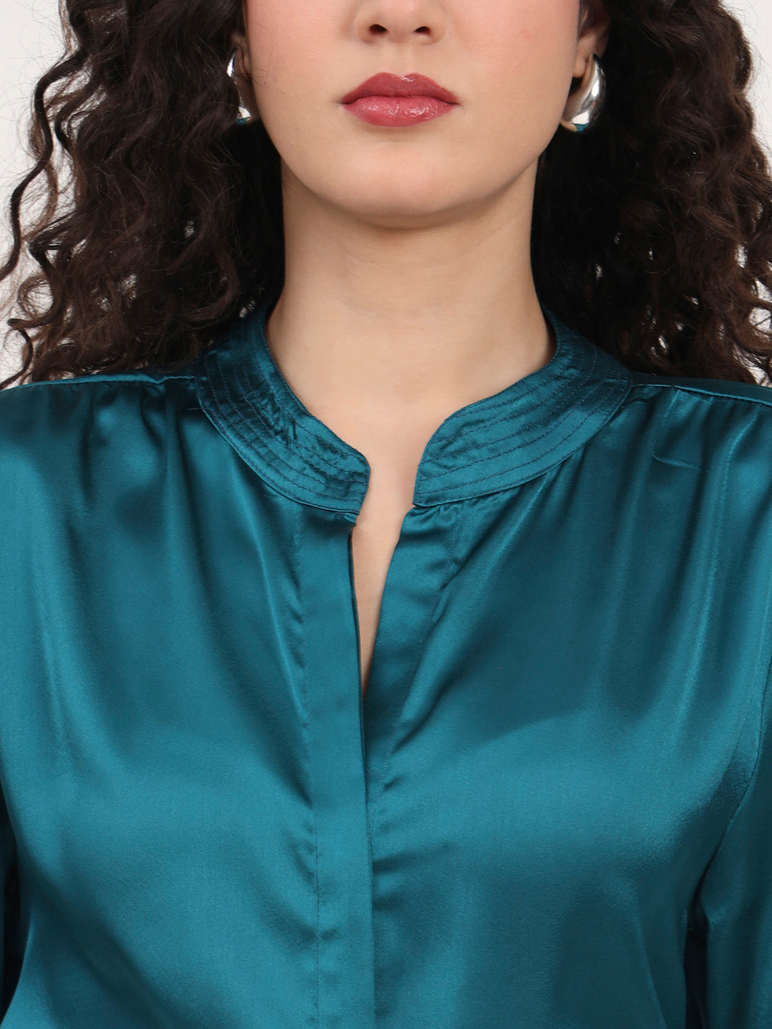 Summer Satin Peacock Mandarin Collar Shirt