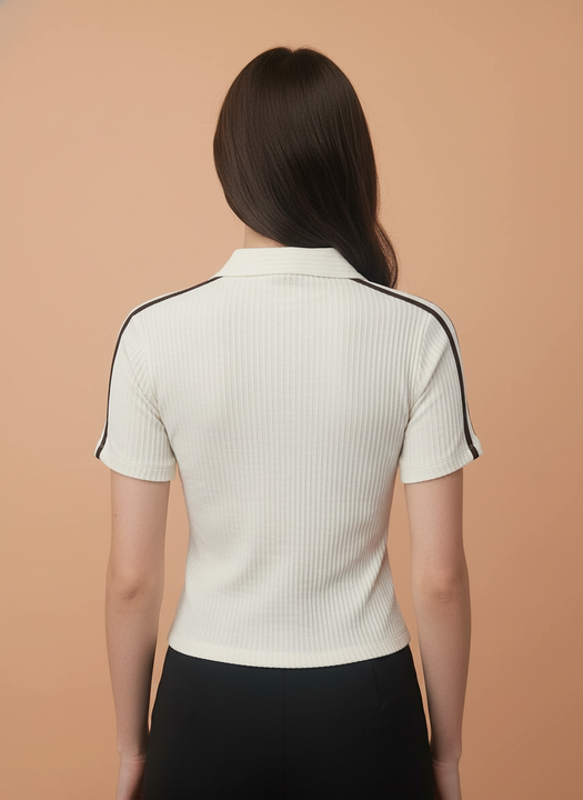 Women’s Cream Ribbed Knit Polo T-Shirt