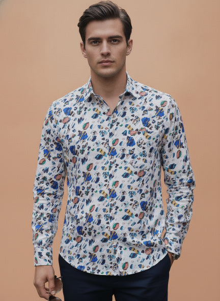 Men'S Premium White Printed Rayon Shirt