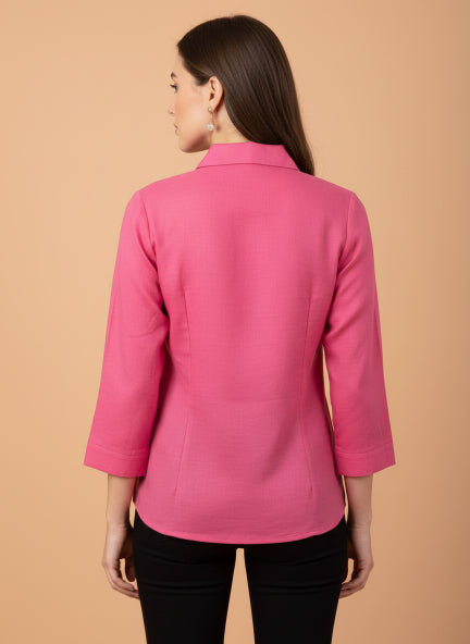 Hot Pink Beaded Floral Linen Shirt
