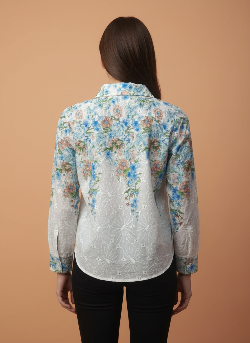 White Blue Floral Embroidered Shirt for Women