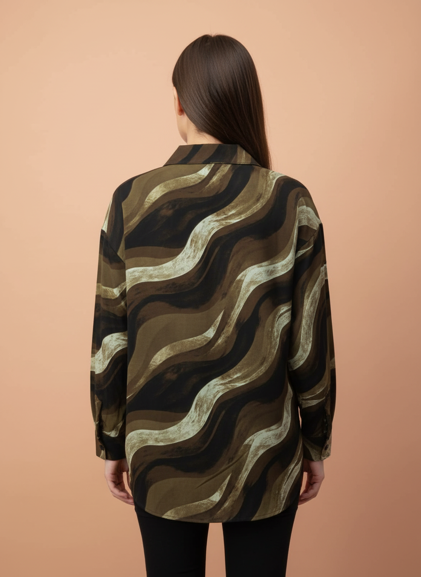 Women's Olive Green & Black Abstract Wavy Printed Oversized Shirt