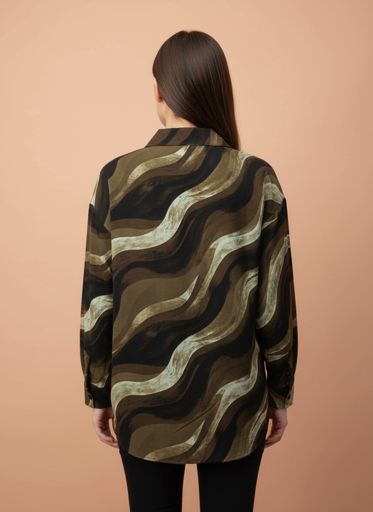 Women's Olive Green & Black Abstract Wavy Printed Oversized Shirt