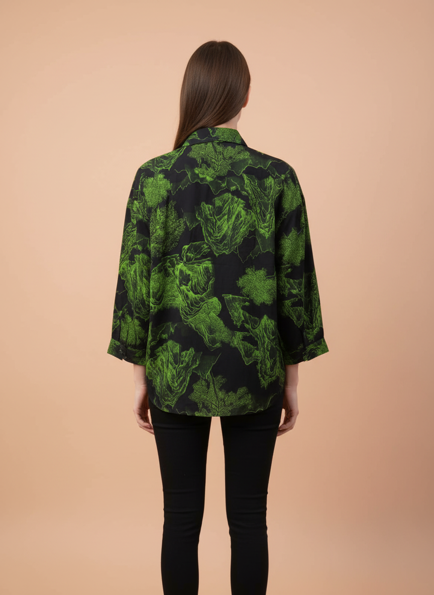 Women's Black & Green Abstract Floral Printed Oversized Shirt