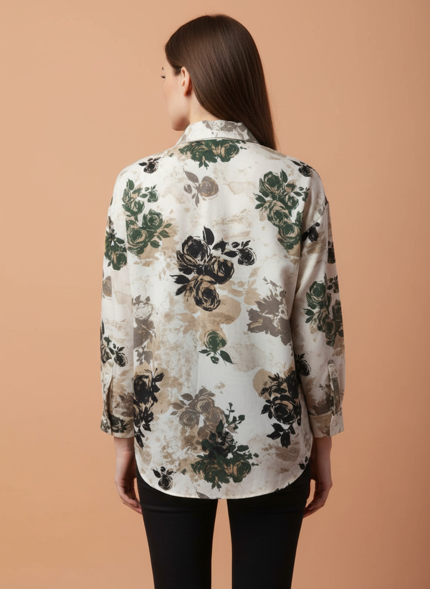Beige Black Floral Printed Women Shirt