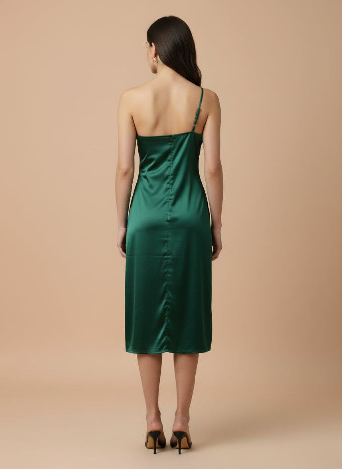 Women’s Luxury European Satin Emerald Green Midi Dress