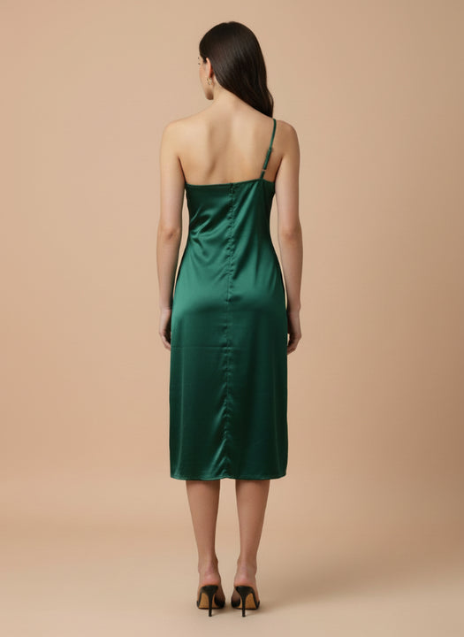 Women’s Luxury European Satin Emerald Green Midi Dress