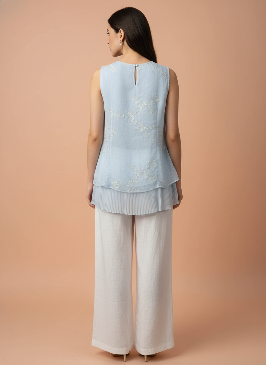 Elegant Pastel Blue Embroidered Top & White Wide-Leg Pants Set