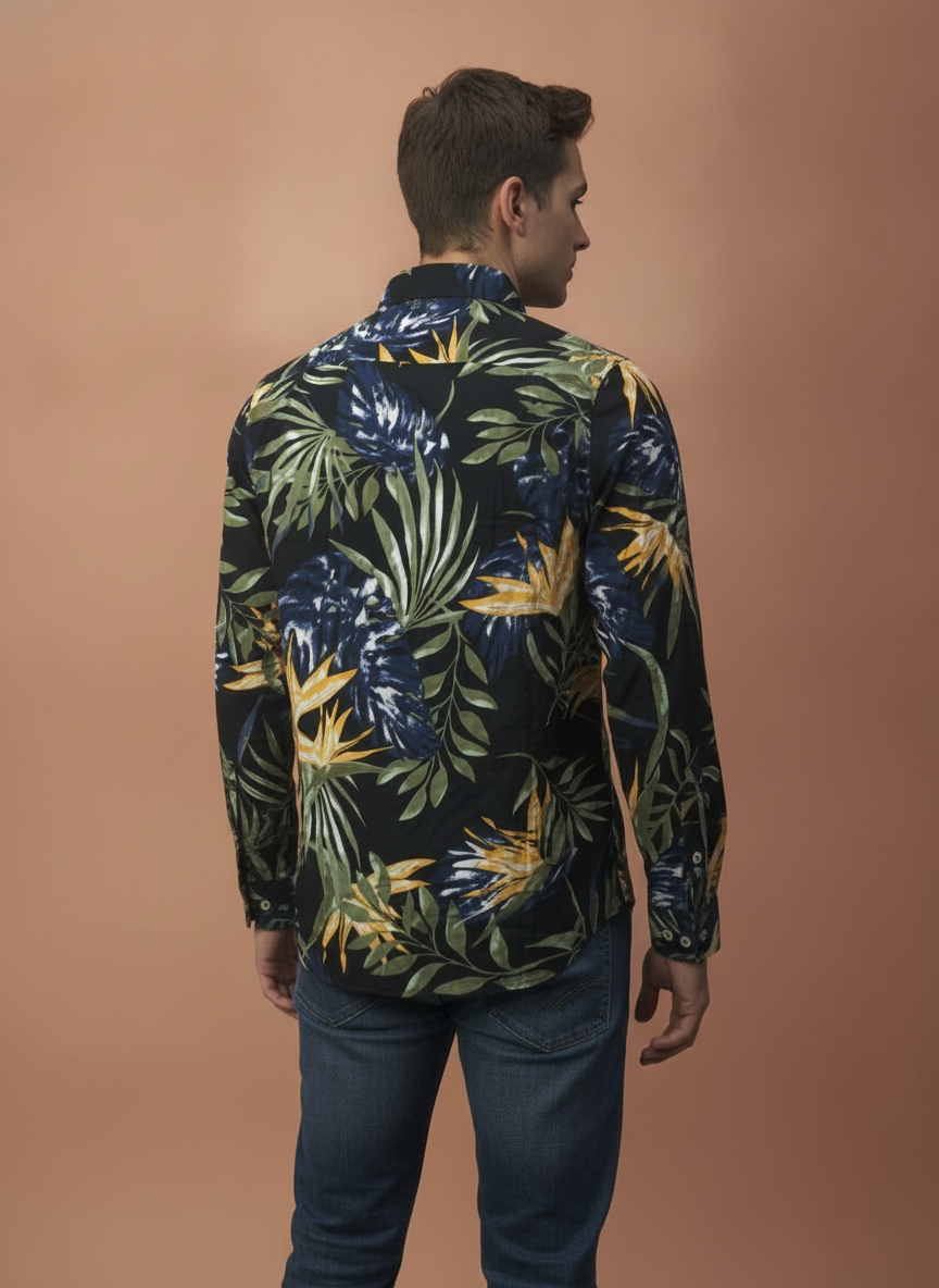 Men'S Premium Rayon Shirt With Jungle Print In Full Sleeve And Black Color