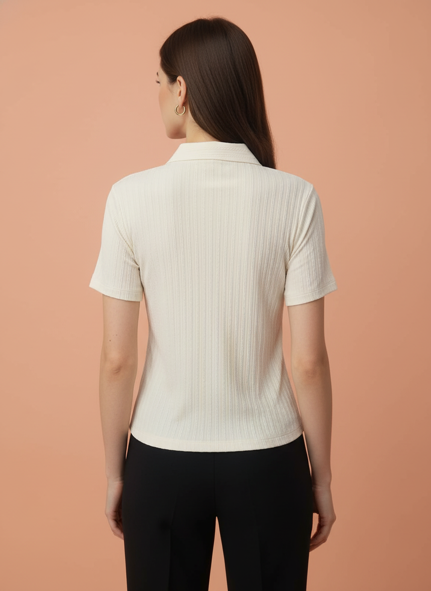 Women’s Off White Ribbed Knit Quarter Zip Polo T-Shirt