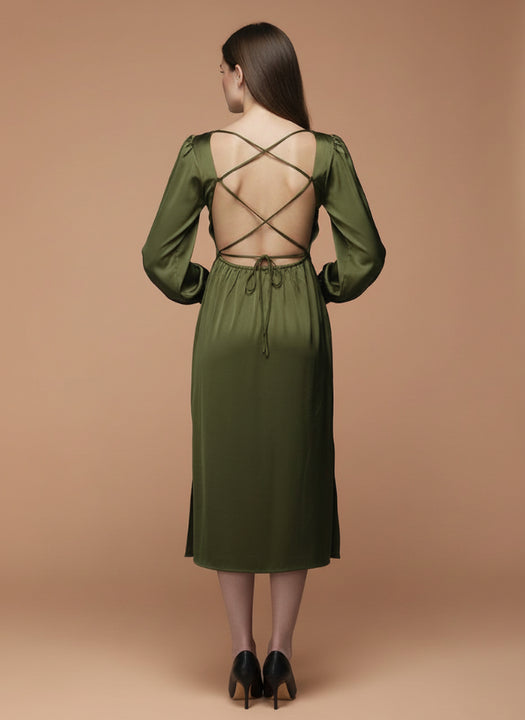 Women's Luxury European Satin Midi Dress Olive