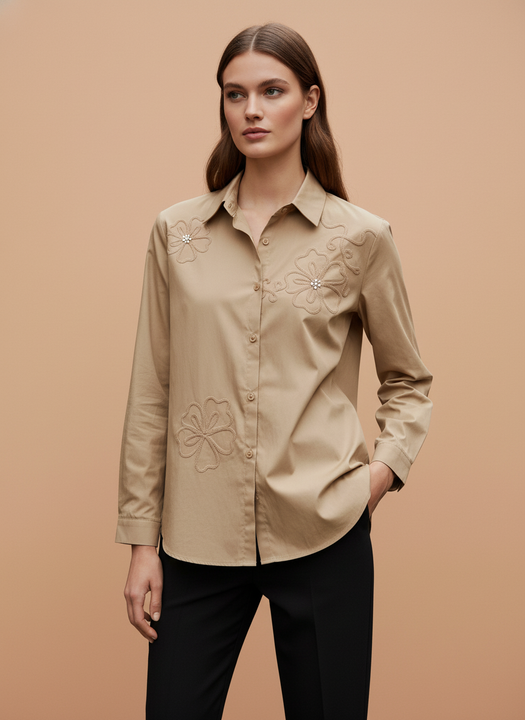 Elegant Beige Embroidered Women’s Shirt
