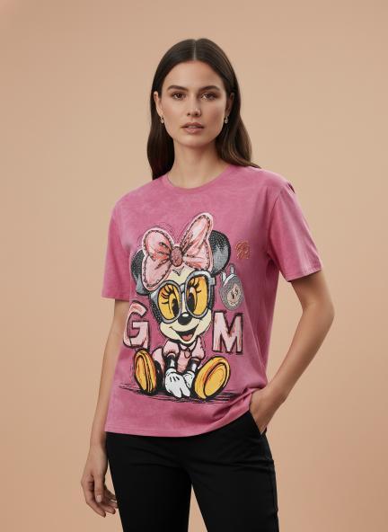 Cute Cartoon Graphic Printed Pink T-Shirt for Women