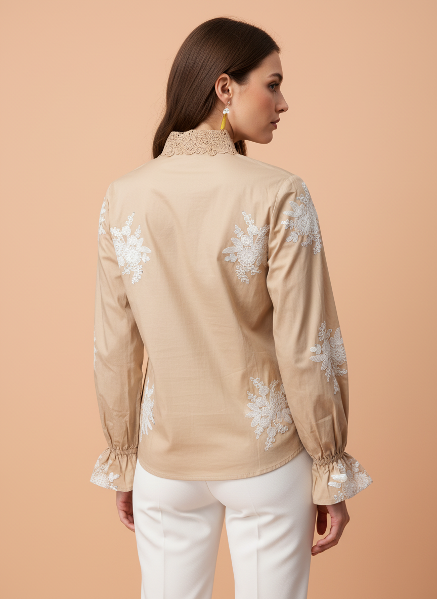 Beige Lace Embroidered Cotton Shirt for Women