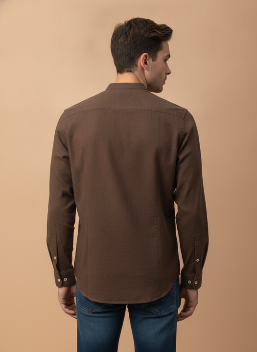 Premium Men'S Brown Crinkle Cotton Shirt - Mandarin Collar, Long Sleeves