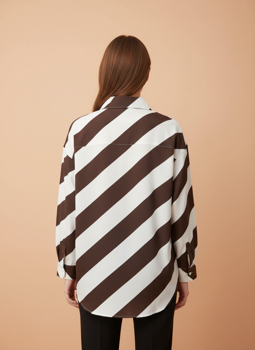 Women Brown & White Diagonal Stripe Button Down Shirt