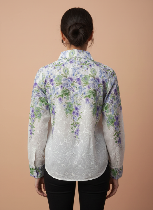 White Purple Floral Embroidered Shirt for Women