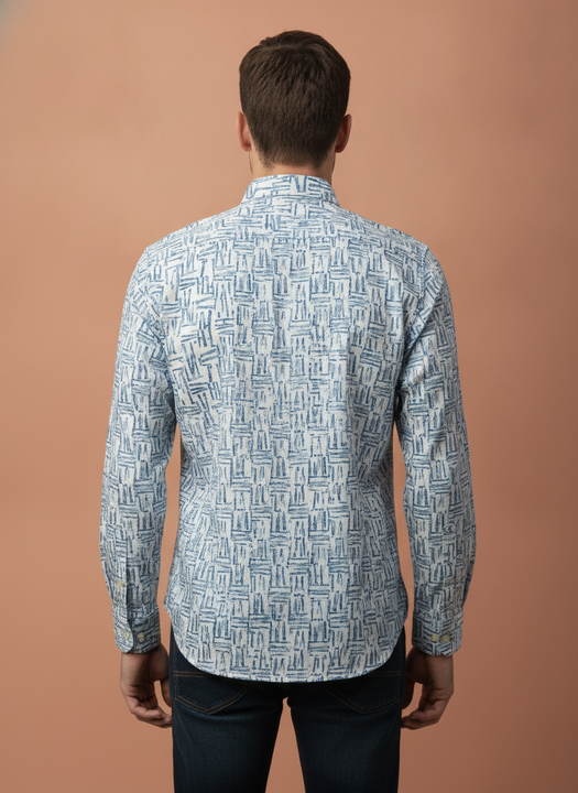 Men'S Poly Satin Lycra Blue Digital Printed Shirt