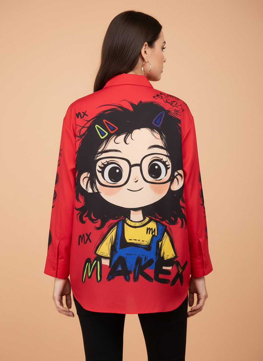Red Graphic Printed Casual Shirt for Women Quirky Cartoon Design