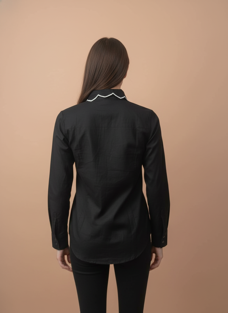 Elegant Black Floral Embroidered Scallop Edge Shirt for Women