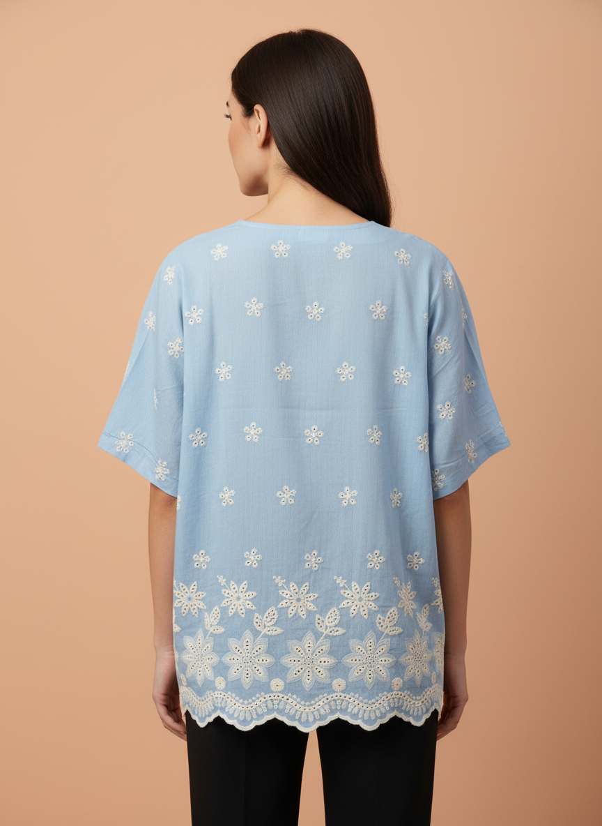 Women's Light Blue Floral Embroidered Cotton Top