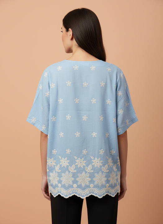 Women's Light Blue Floral Embroidered Cotton Top