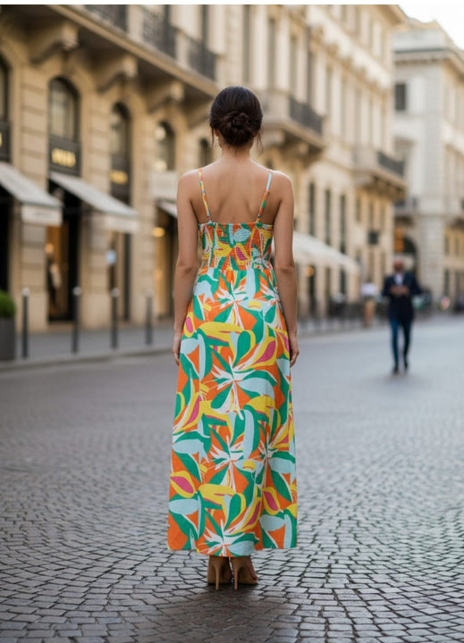 Satin Digital Print  Maxi Dress With Slash Pocket