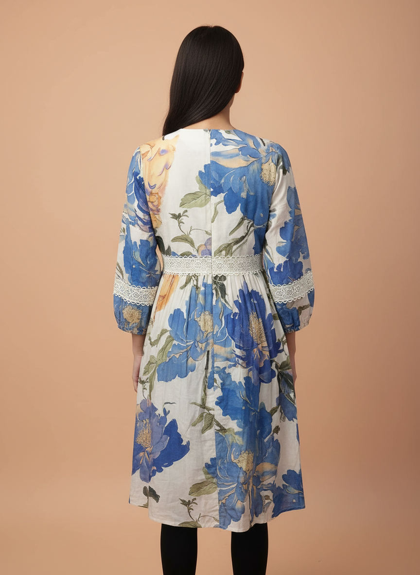 Women’s Floral Printed A-Line Midi Dress with V-Neck & Lace Detail