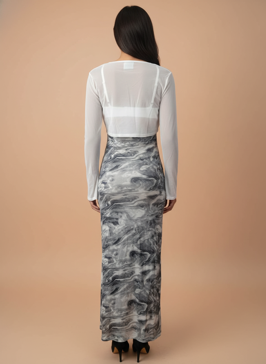 Women’s Black & White Marble Print Bodycon Midi