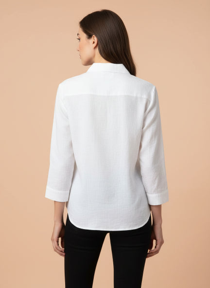 White Beaded Leaf Linen Shirt