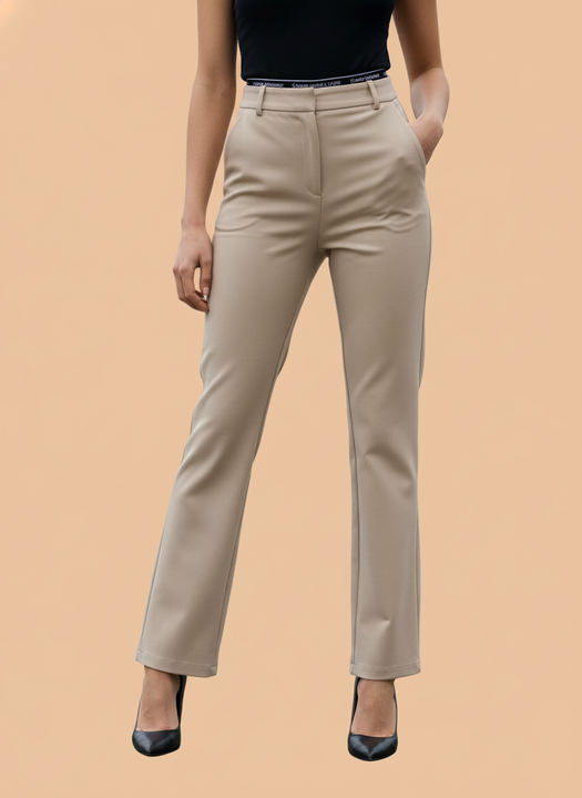 Beige Straight Fit Trousers for Women