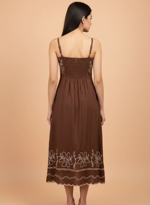 Elegant Brown Embroidered Midi Dress for Women
