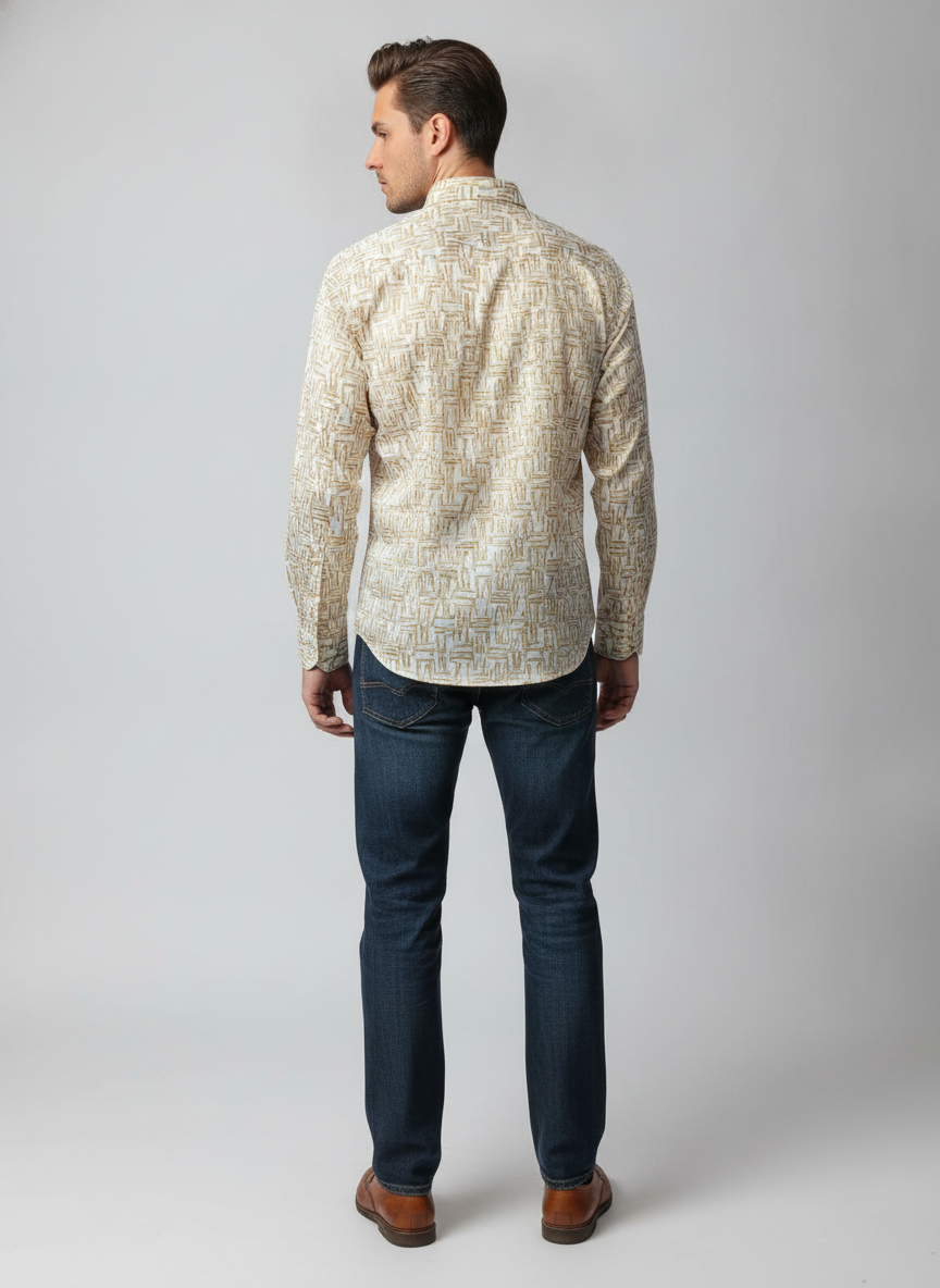 Men'S Poly Satin Lycra Mustard Digital Printed Shirt