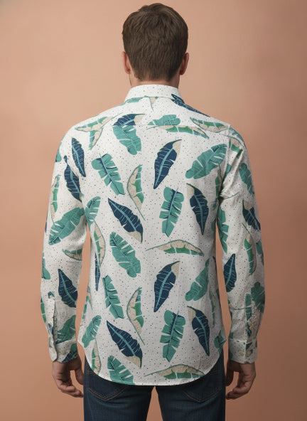 Men'S Premium Rayon Shirt With Classic White & Green Tropical Print