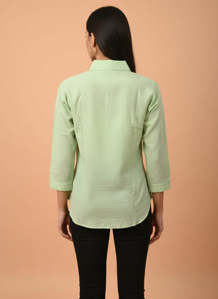 Mint Green Beaded Floral Linen Shirt