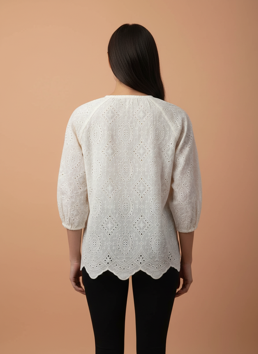 Chic Cutwork Women’s Top with Tassel Tie