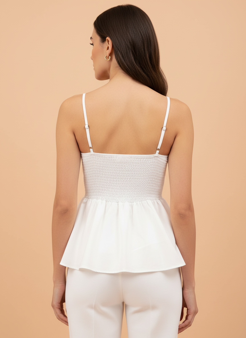 White Peplum Camisole Top with Rhinestone Embellished Neckline