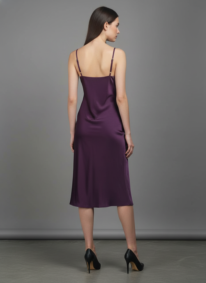 Women’s Luxury Satin Midi Dress Deep Plum Spaghetti Strap